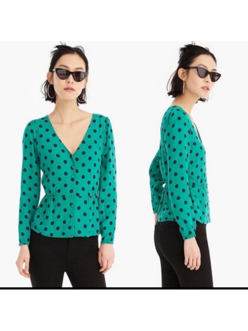 J. Crew Green Polka Dot V-Neck Blouse